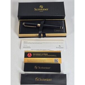 Scriveiner Black Lacquer Fountain Pen Fine Nib Gold Trim Box Refills
